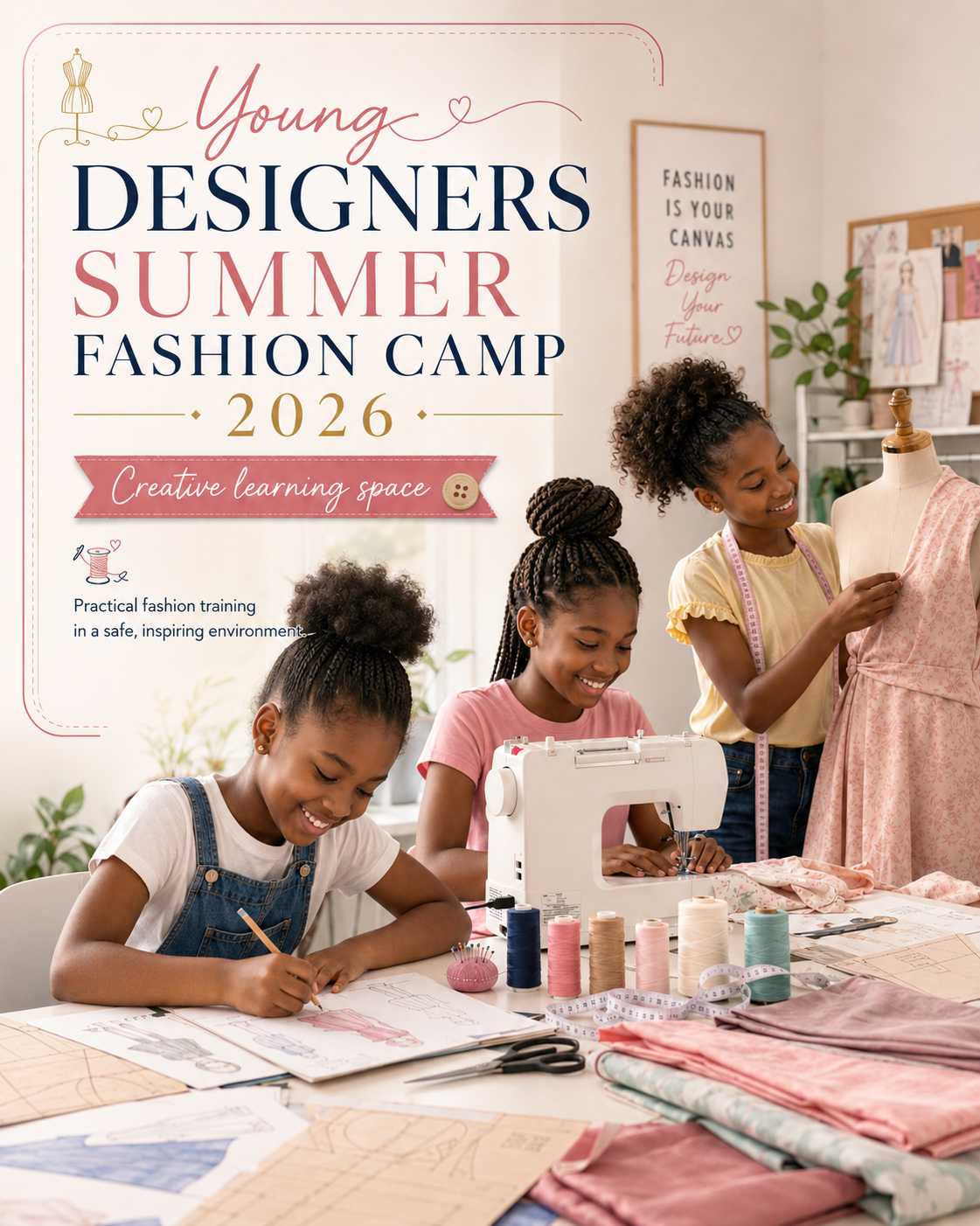 Young designers learning fashion design in a summer camp studio